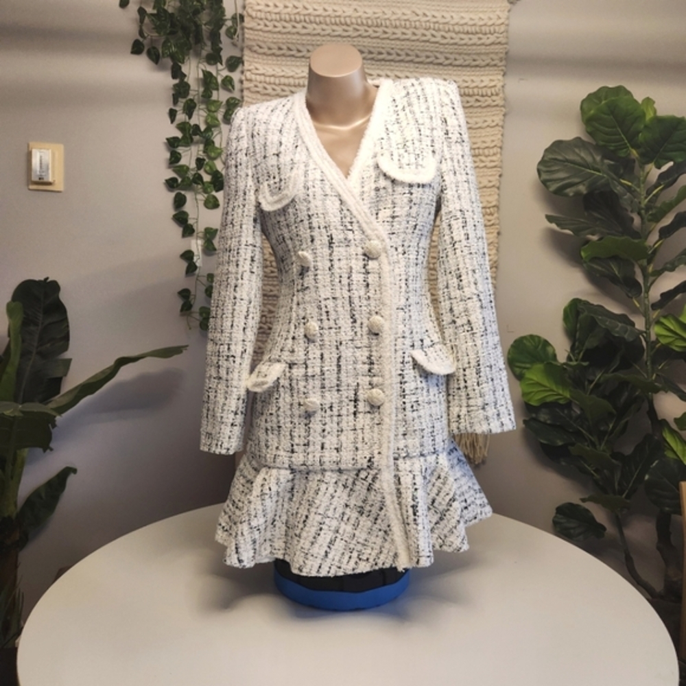 Double Breasted Ruffle Hem Tweed Dress (Medium)